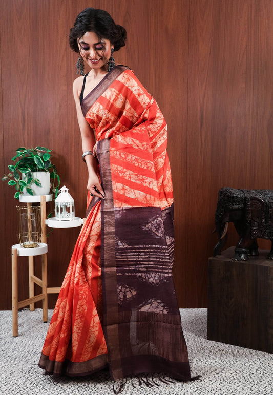Rust Tussar Pure Silk Saree with Blouse Piece - Adi Akshoy & Co.