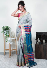 Grey Blended Silk Handloom Saree With Blouse Piece - Adi Akshoy & Co.