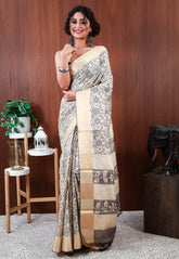 Off White Tussar Pure Silk Printed Saree with Blouse Piece - Adi Akshoy & Co.