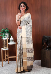 Off White Tussar Pure Silk Printed Saree with Blouse Piece - Adi Akshoy & Co.