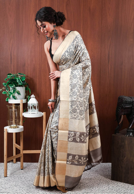 Off White Tussar Pure Silk Printed Saree with Blouse Piece - Adi Akshoy & Co.