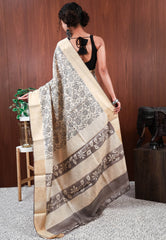 Off White Tussar Pure Silk Printed Saree with Blouse Piece - Adi Akshoy & Co.