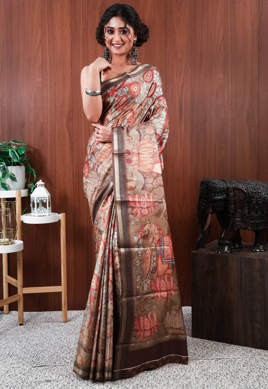 Brown Tussar Silk Saree with Blouse Piece - Adi Akshoy & Co.