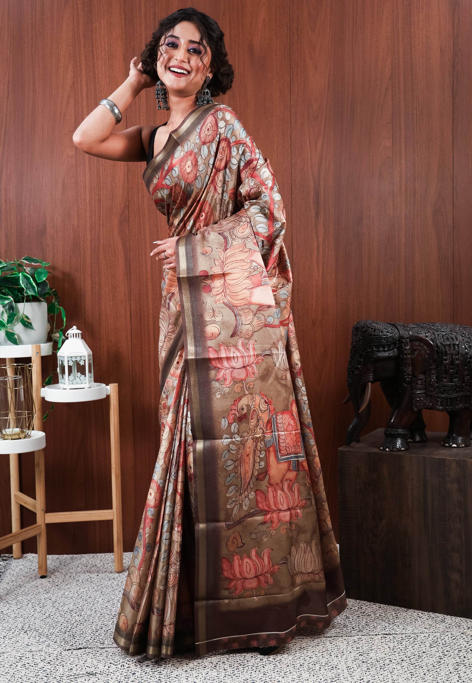 Brown Tussar Silk Saree with Blouse Piece - Adi Akshoy & Co.