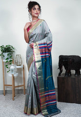 Grey Blended Silk Handloom Saree With Blouse Piece - Adi Akshoy & Co.