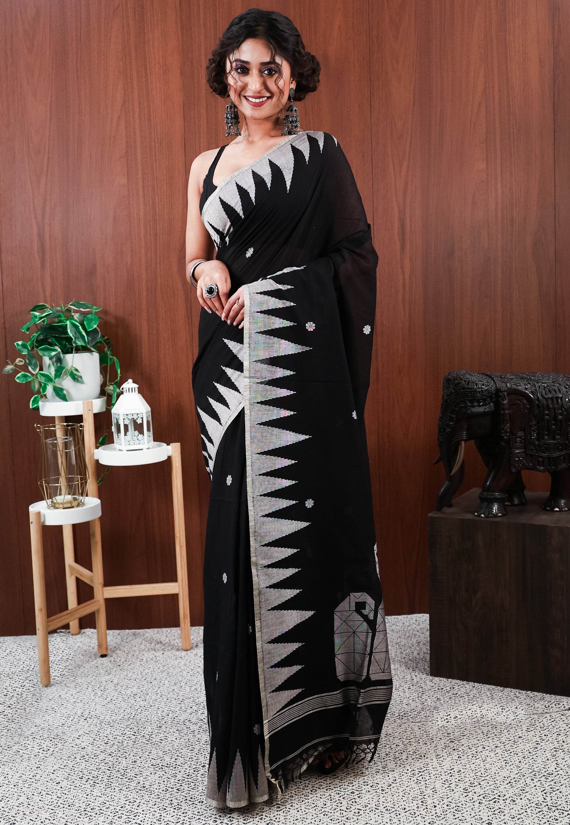 Black Handloom Saree With Blouse Piece - Adi Akshoy & Co.