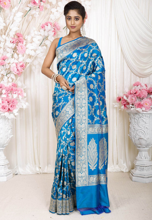 Feroza Blue Kadwa Pure Silk Banarasi Saree with Blouse Piece - Adi Akshoy & Co.