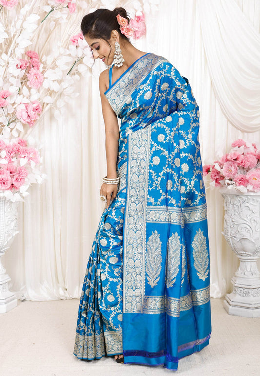 Feroza Blue Kadwa Pure Silk Banarasi Saree with Blouse Piece - Adi Akshoy & Co.