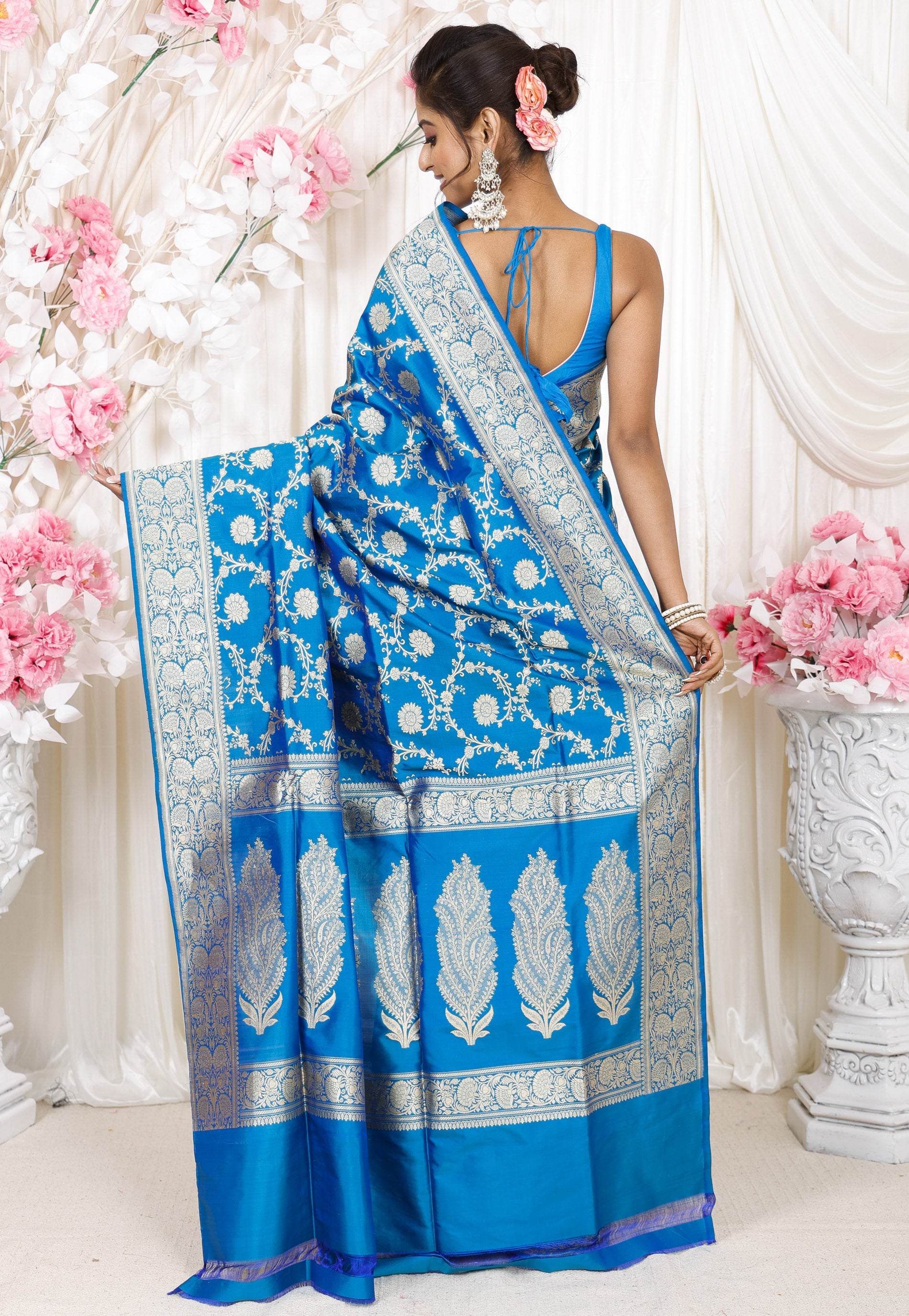 Feroza Blue Kadwa Pure Silk Banarasi Saree with Blouse Piece - Adi Akshoy & Co.