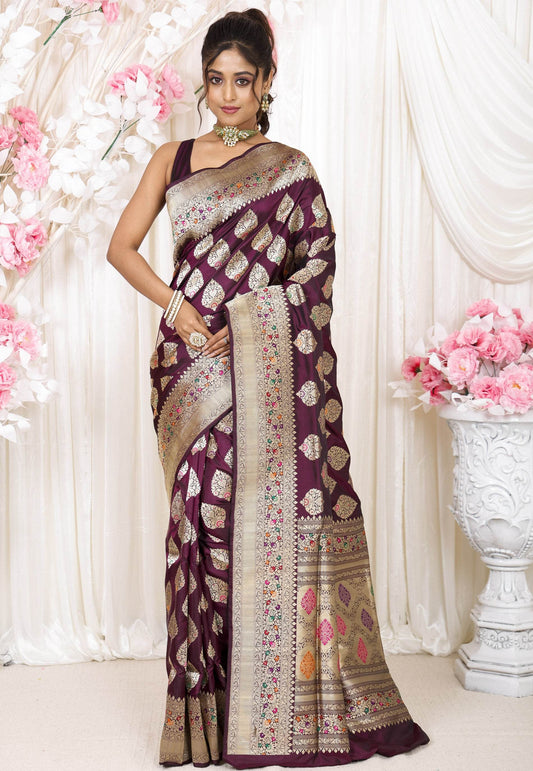 Magenta Minakari Kadwa Pure Silk Banarasi Saree with Blouse Piece - Adi Akshoy & Co.