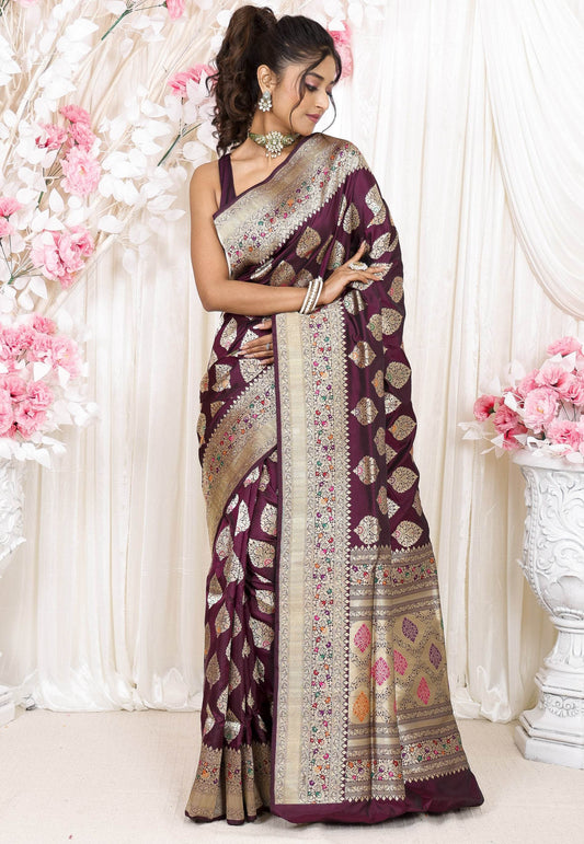 Magenta Minakari Kadwa Pure Silk Banarasi Saree with Blouse Piece - Adi Akshoy & Co.