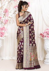 Magenta Minakari Kadwa Pure Silk Banarasi Saree with Blouse Piece - Adi Akshoy & Co.