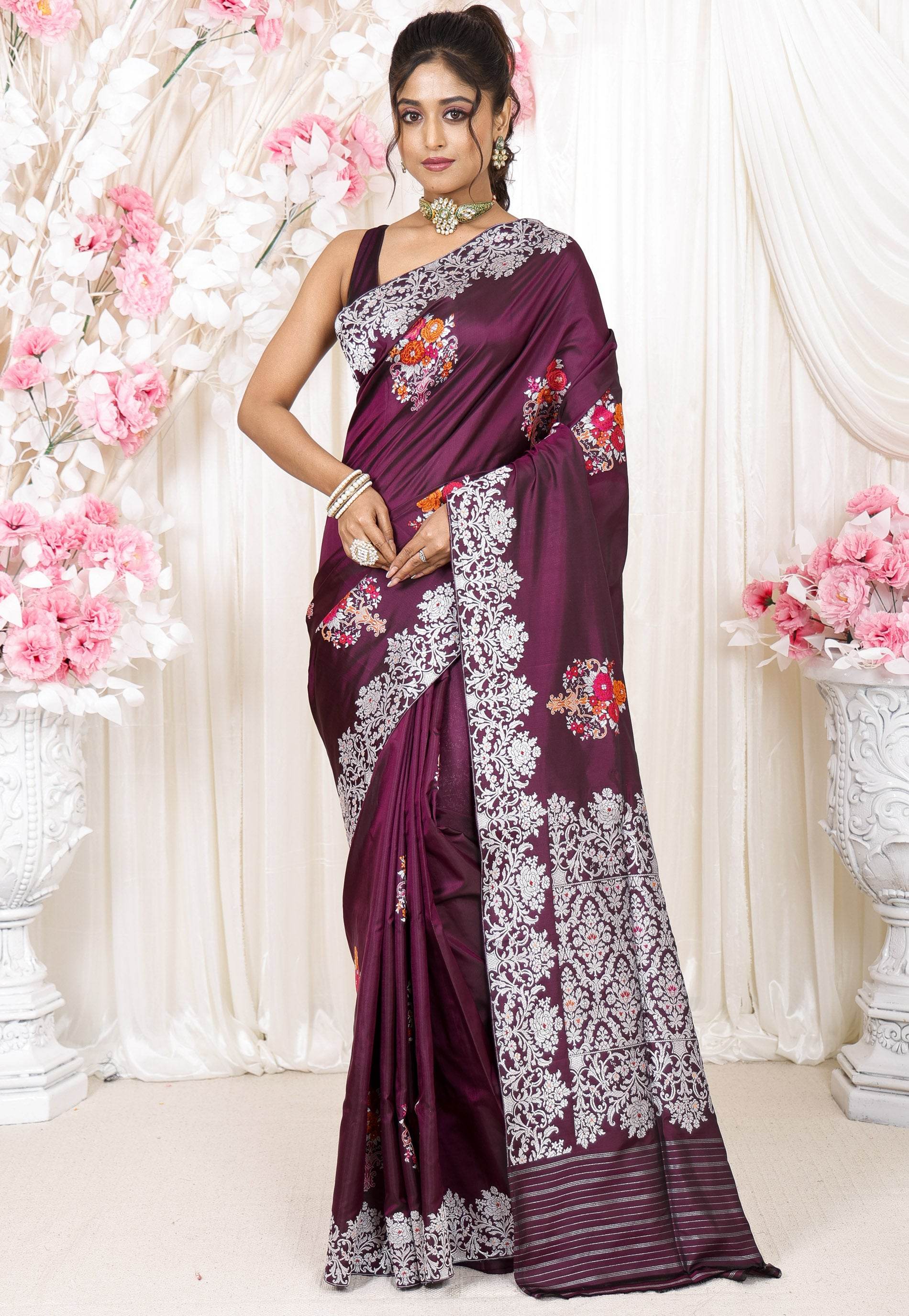 Magenta Minakari Kadwa Pure Silk Banarasi Saree with Blouse Piece - Adi Akshoy & Co.