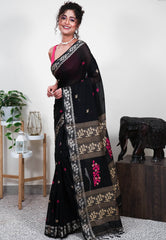 Black Handloom Saree With Blouse Piece - Adi Akshoy & Co.