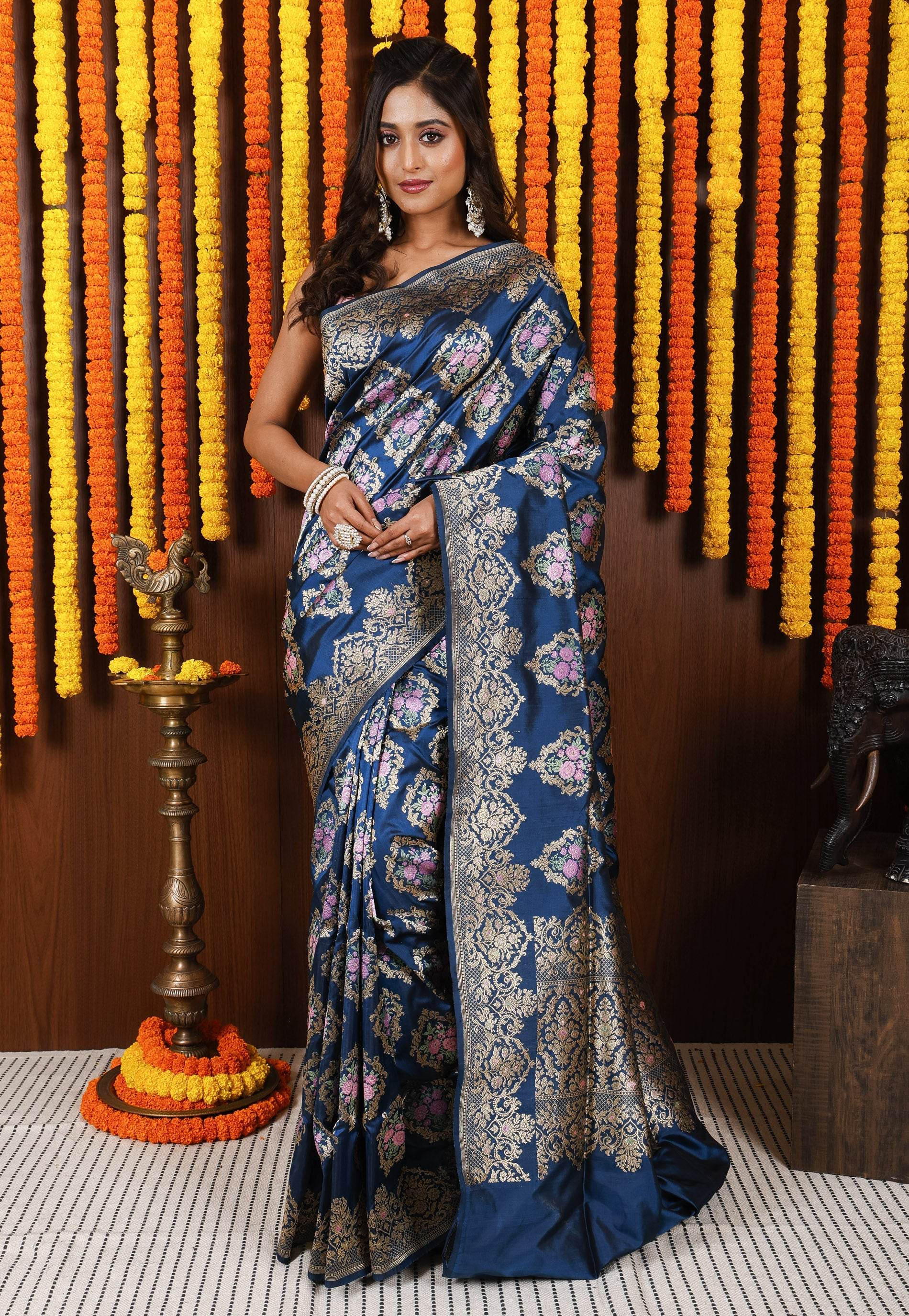 Turquoise Blue Minakari Kadwa Pure Silk Banarasi Saree with Blouse Piece - Adi Akshoy & Co.