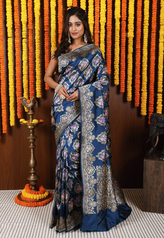 Turquoise Blue Minakari Kadwa Pure Silk Banarasi Saree with Blouse Piece - Adi Akshoy & Co.