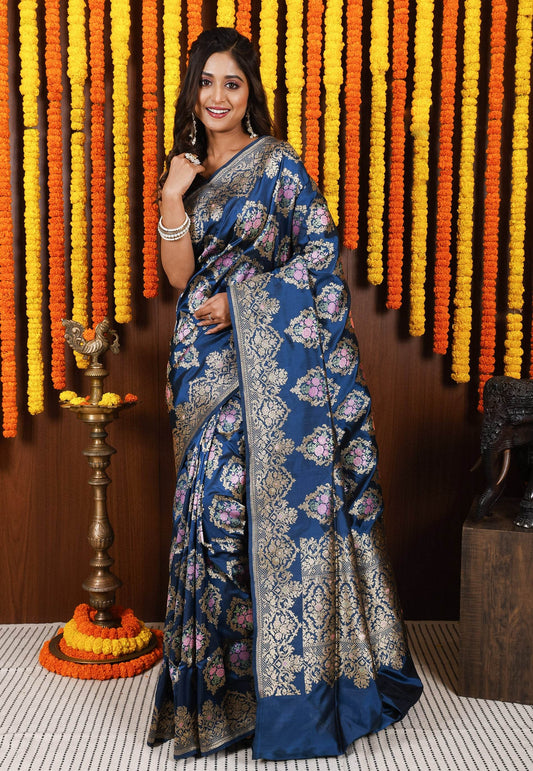 Turquoise Blue Minakari Kadwa Pure Silk Banarasi Saree with Blouse Piece - Adi Akshoy & Co.