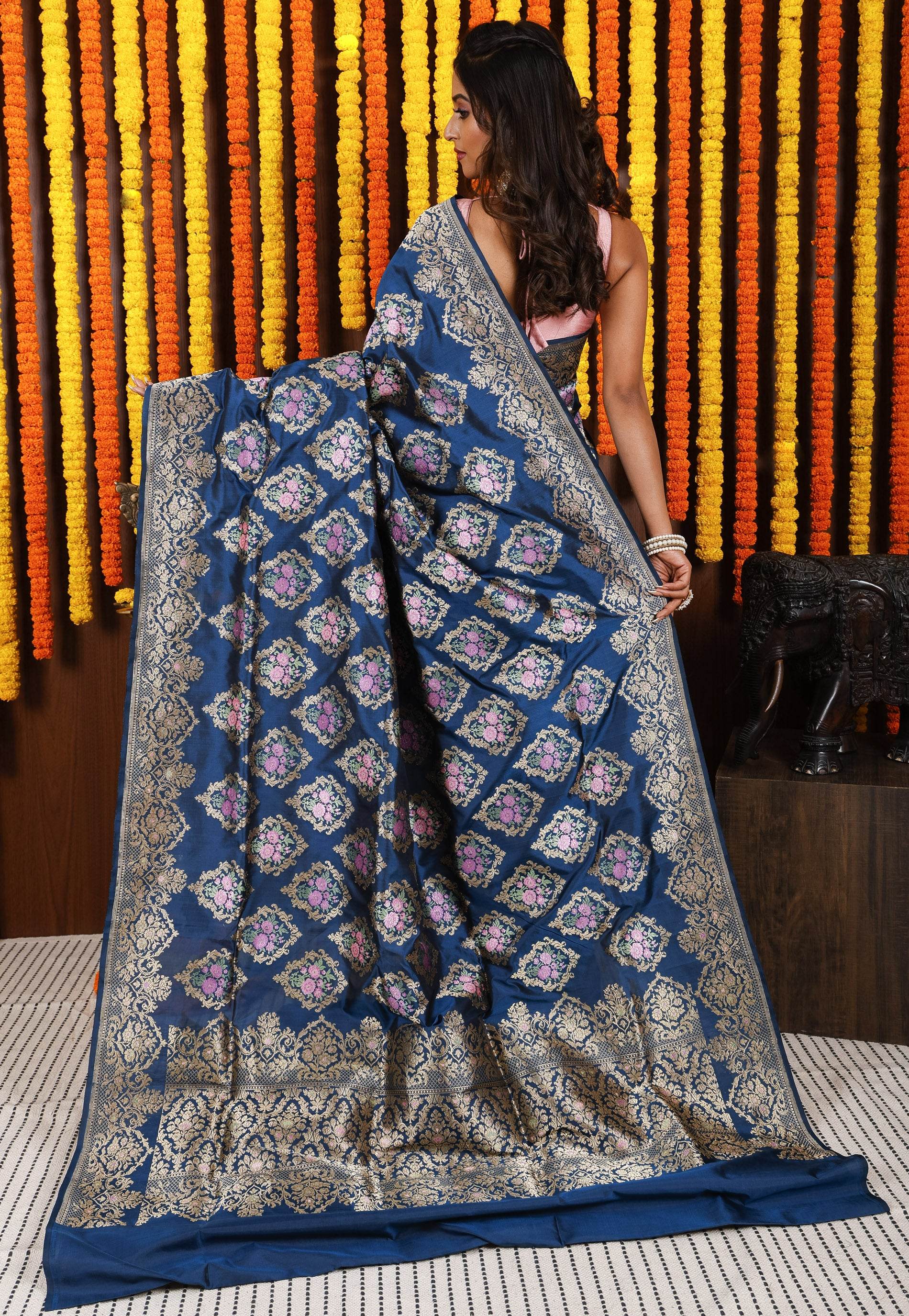 Turquoise Blue Minakari Kadwa Pure Silk Banarasi Saree with Blouse Piece - Adi Akshoy & Co.