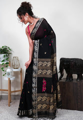 Black Handloom Saree With Blouse Piece - Adi Akshoy & Co.
