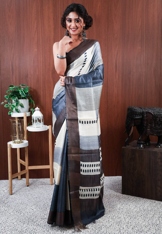 Charcoal Grey Base Tussar Silk Saree with Blouse Piece - Adi Akshoy & Co.