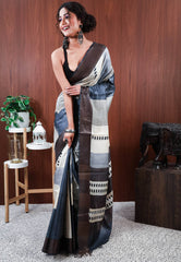 Charcoal Grey Base Tussar Silk Saree with Blouse Piece - Adi Akshoy & Co.