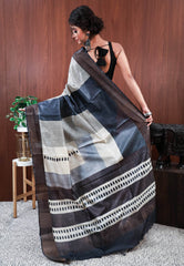 Charcoal Grey Base Tussar Silk Saree with Blouse Piece - Adi Akshoy & Co.
