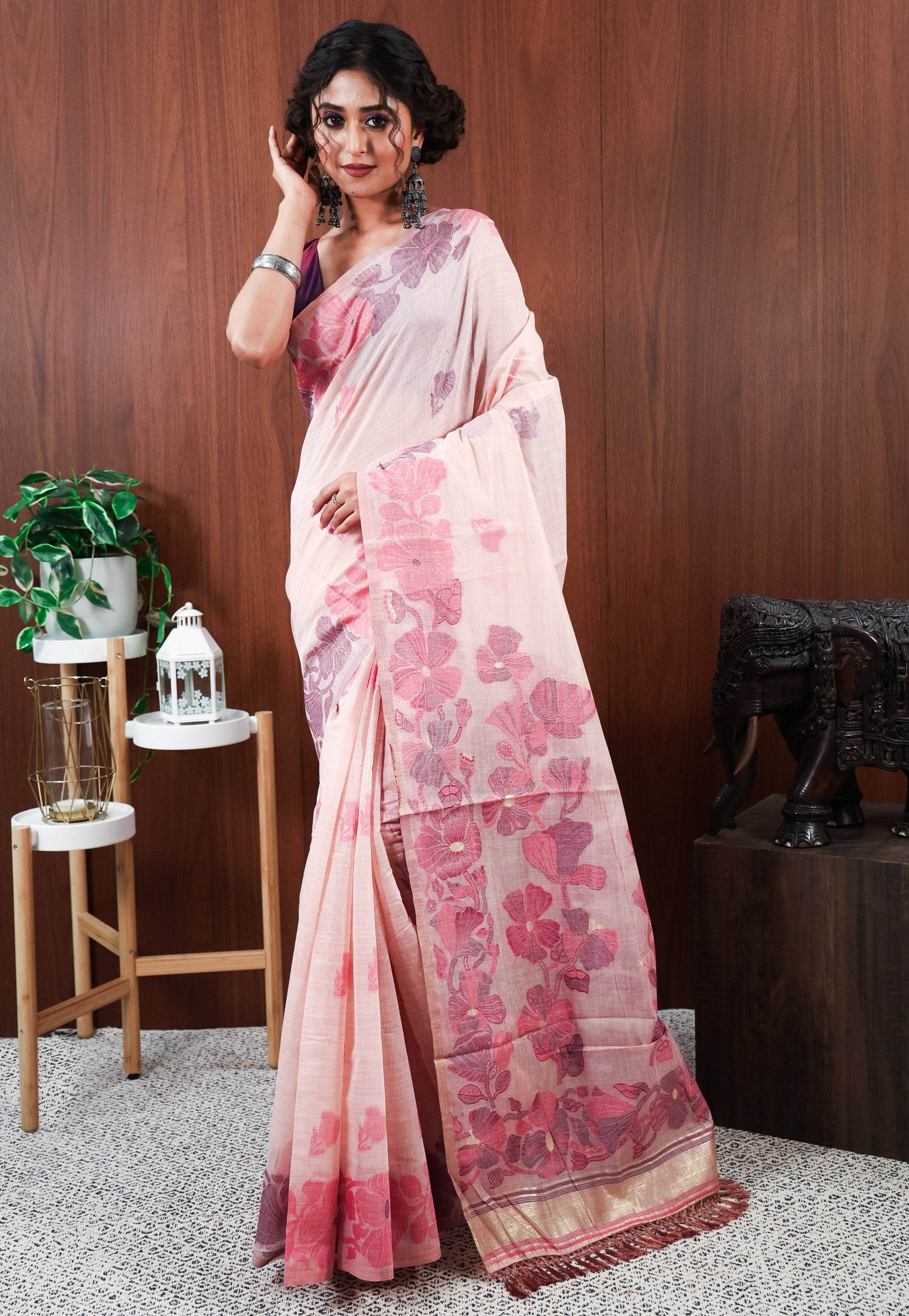 Peach Tussar Silk Saree with Blouse Piece - Adi Akshoy & Co.