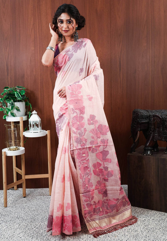 Peach Tussar Silk Saree with Blouse Piece - Adi Akshoy & Co.