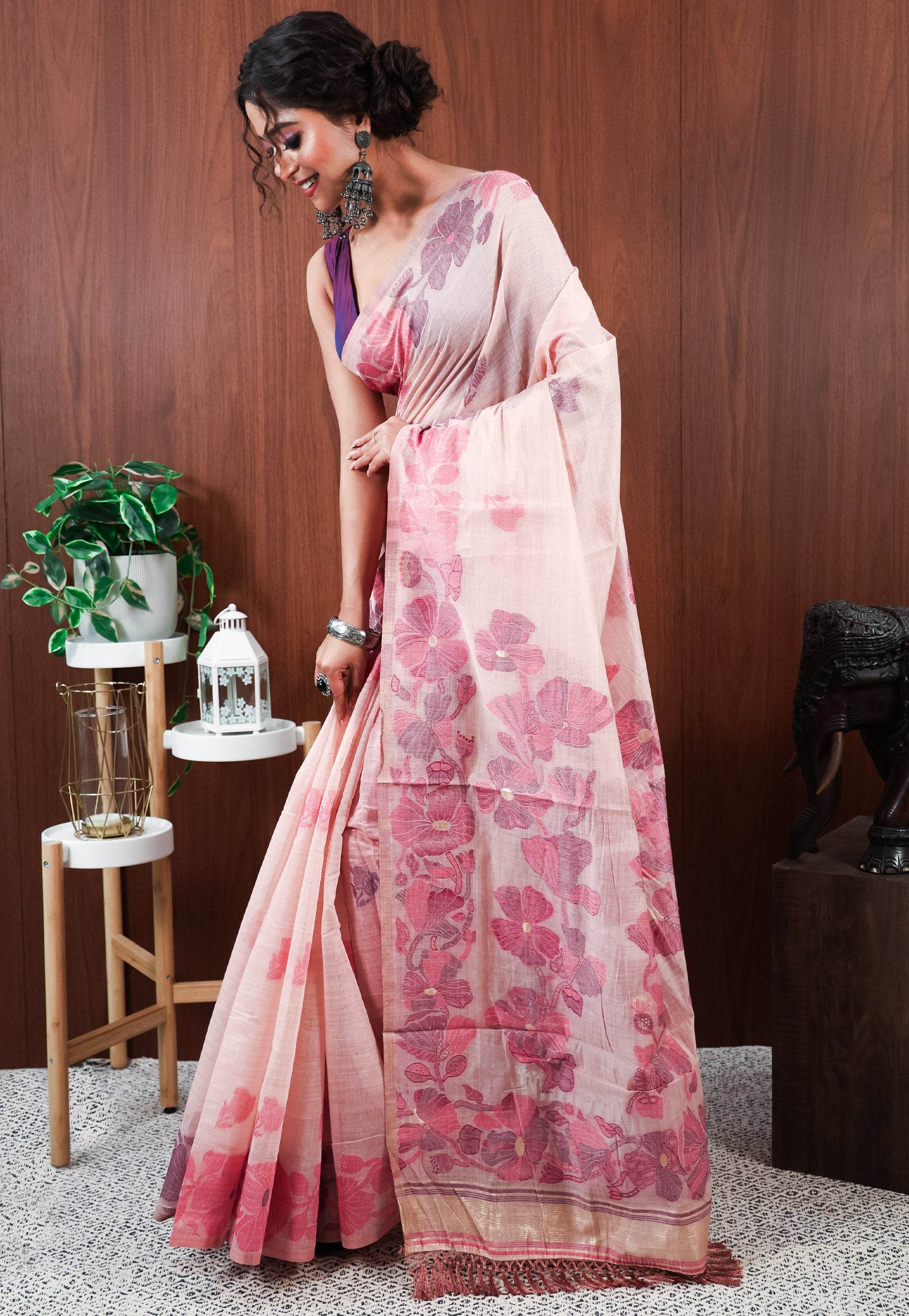 Peach Tussar Silk Saree with Blouse Piece - Adi Akshoy & Co.