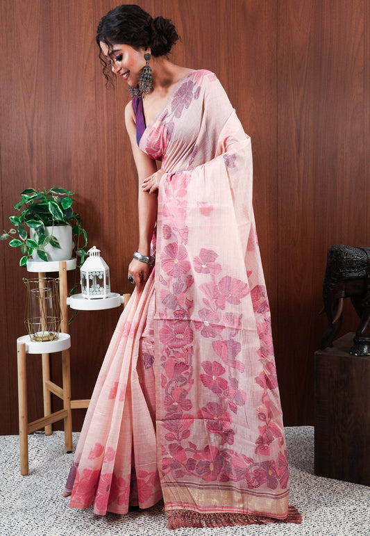 Peach Tussar Silk Saree with Blouse Piece - Adi Akshoy & Co.
