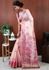Peach Tussar Silk Saree with Blouse Piece - Adi Akshoy & Co.
