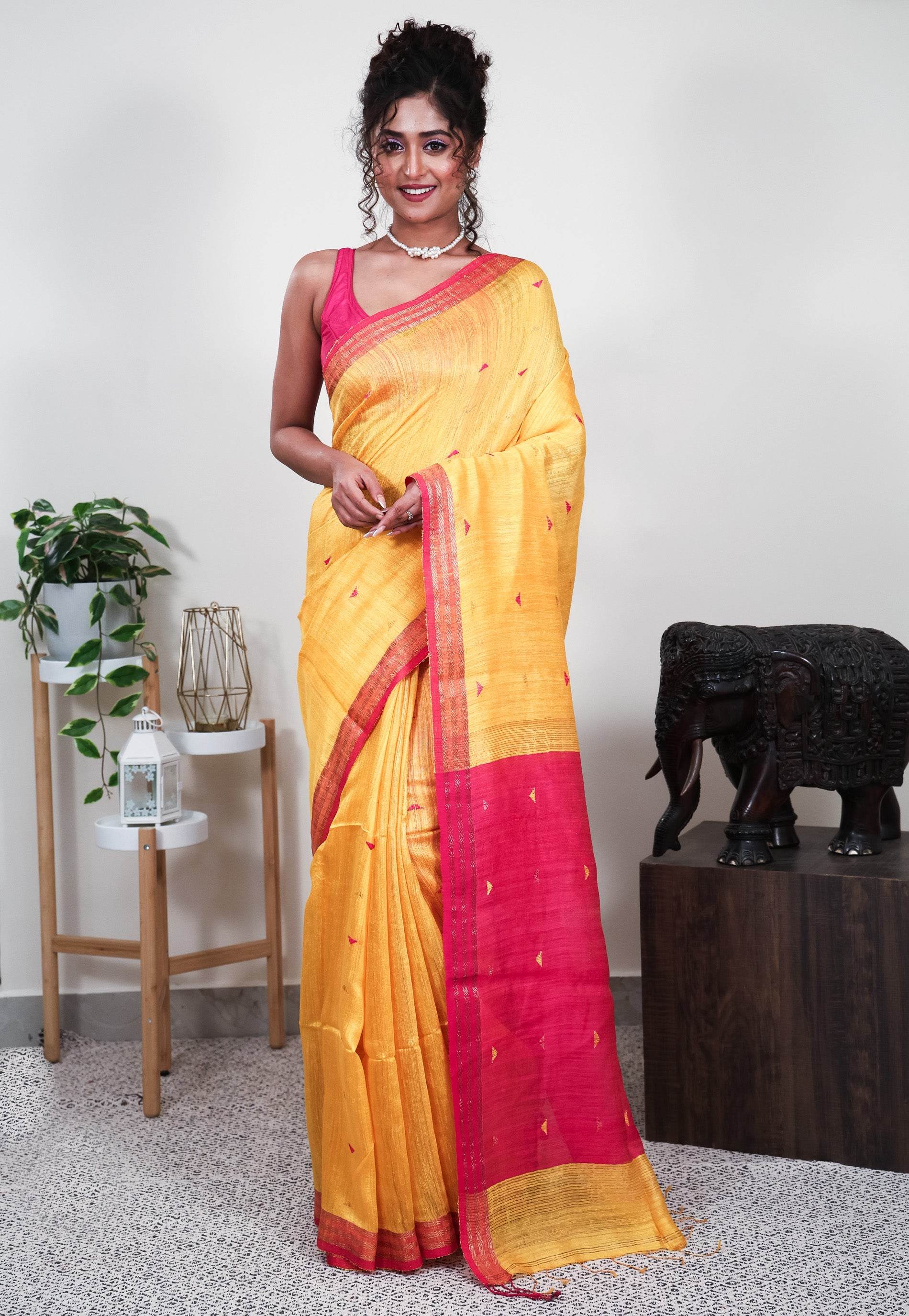 Yellow Matka Handloom Saree With Blouse Piece - Adi Akshoy & Co.