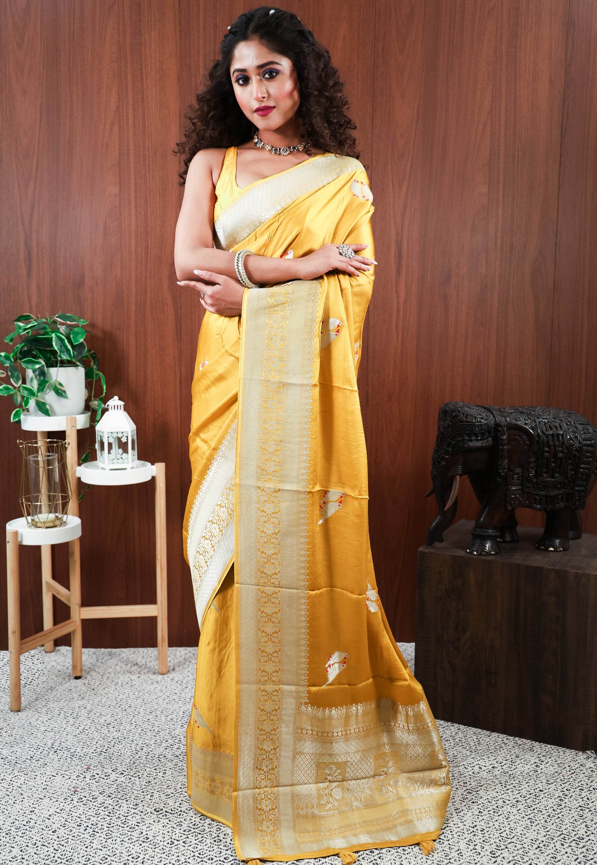 Yellow Mashru Silk Saree with Blouse Piece - Adi Akshoy & Co.