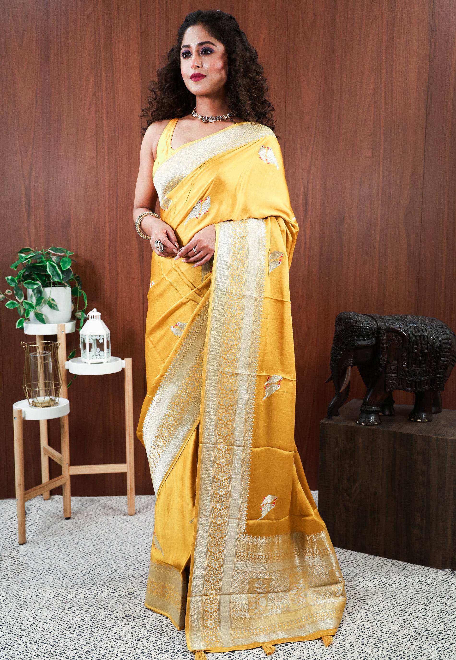 Yellow Mashru Silk Saree with Blouse Piece - Adi Akshoy & Co.