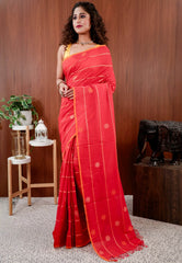 Red Handloom Saree With Blouse Piece - Adi Akshoy & Co.