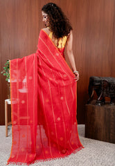 Red Handloom Saree With Blouse Piece - Adi Akshoy & Co.