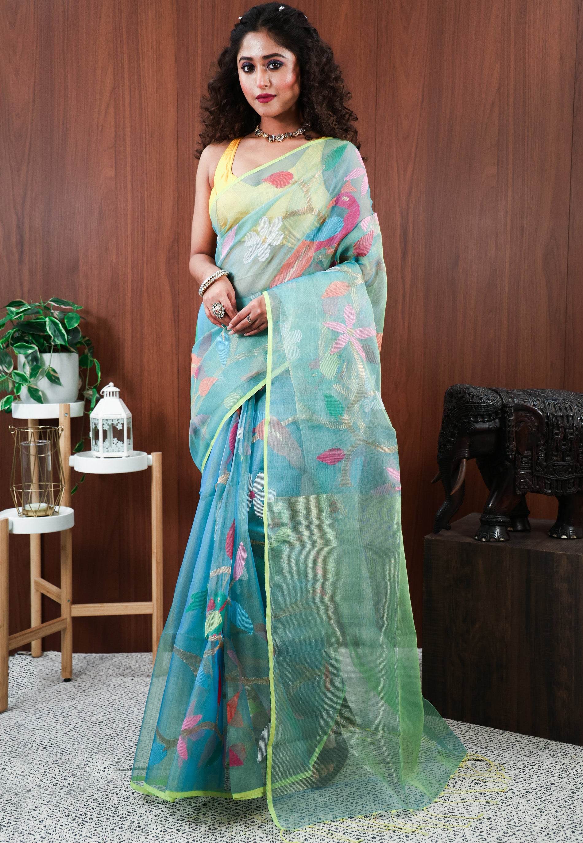 Sea Green Kora Saree With Blouse Piece - Adi Akshoy & Co.