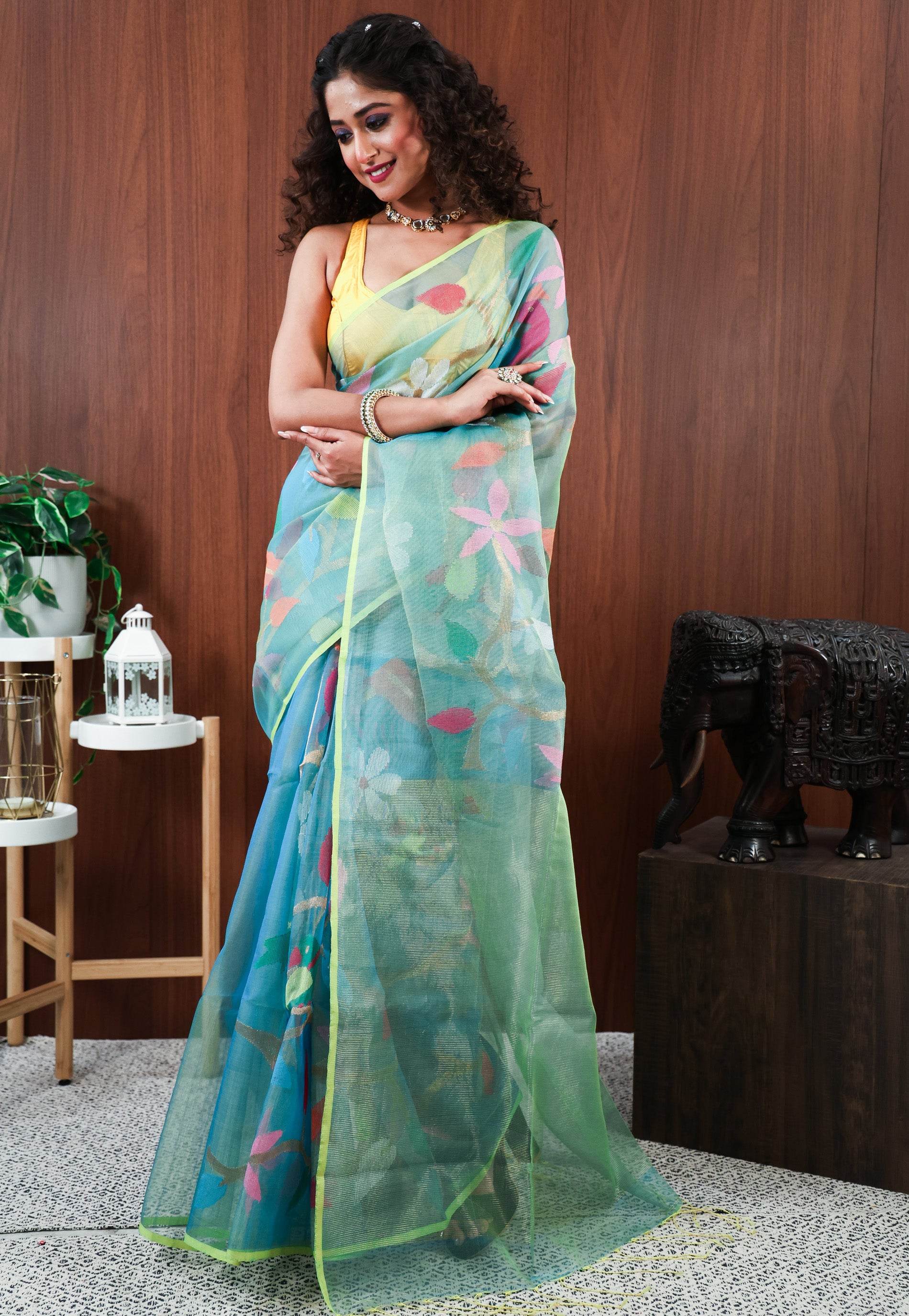 Sea Green Kora Saree With Blouse Piece - Adi Akshoy & Co.