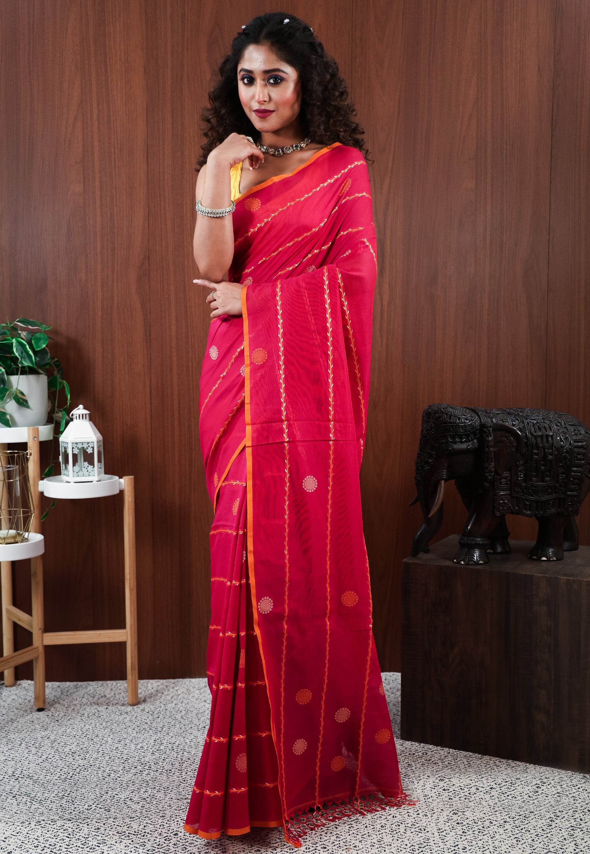 Rani Pink Handloom Saree With Blouse Piece - Adi Akshoy & Co.