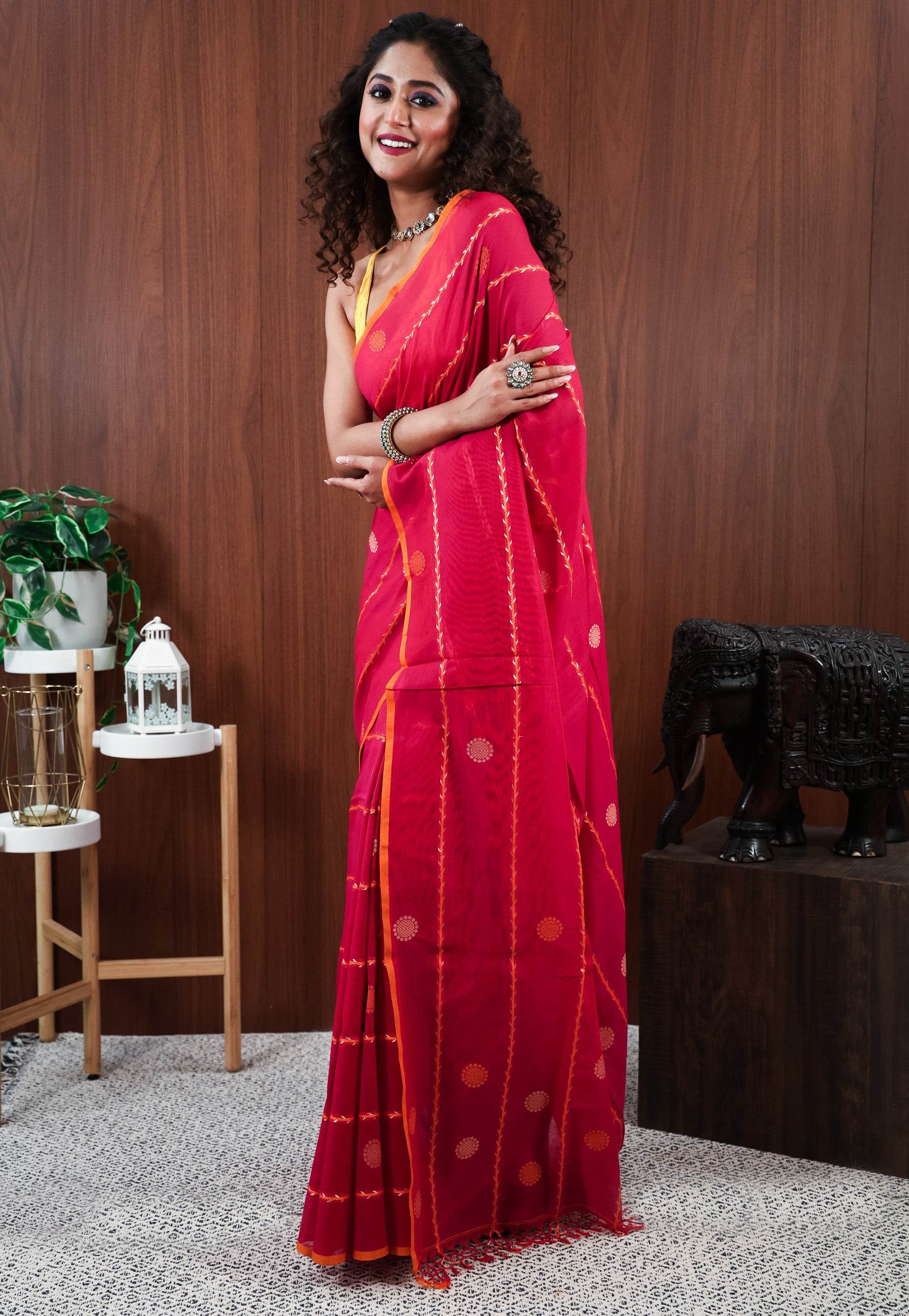 Rani Pink Handloom Saree With Blouse Piece - Adi Akshoy & Co.