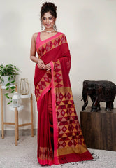 Maroon Handloom Saree With Blouse Piece - Adi Akshoy & Co.