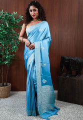 Light Blue Mashru Silk Saree with Blouse Piece - Adi Akshoy & Co.