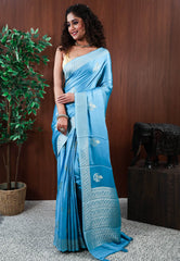 Light Blue Mashru Silk Saree with Blouse Piece - Adi Akshoy & Co.