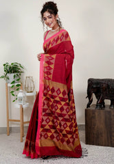 Maroon Handloom Saree With Blouse Piece - Adi Akshoy & Co.