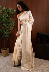 Ivory Mashru Silk Saree with Blouse Piece - Adi Akshoy & Co.