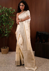 Ivory Mashru Silk Saree with Blouse Piece - Adi Akshoy & Co.