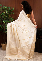 Ivory Mashru Silk Saree with Blouse Piece - Adi Akshoy & Co.