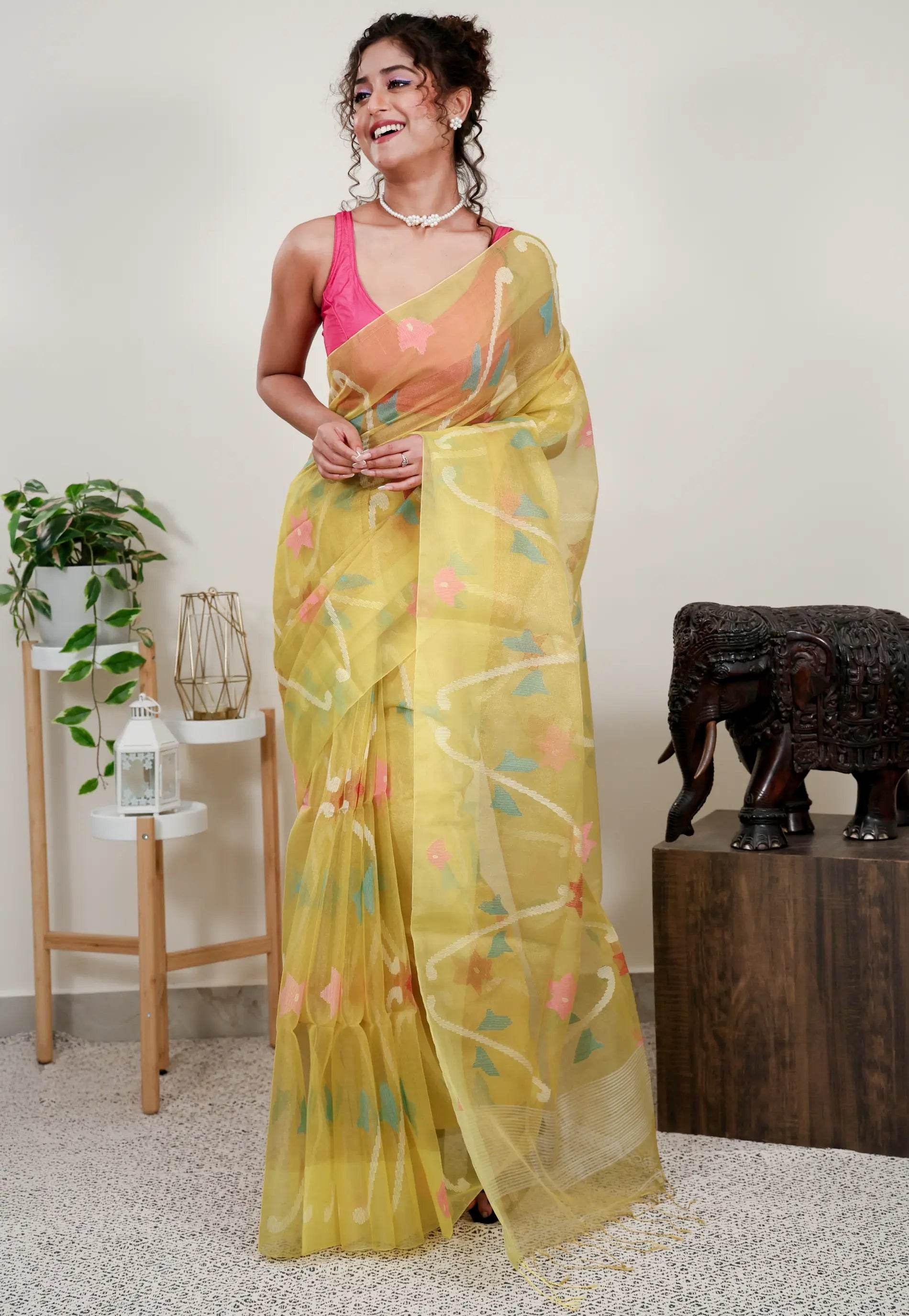 Yellow Kora Saree With Blouse Piece - Adi Akshoy & Co.
