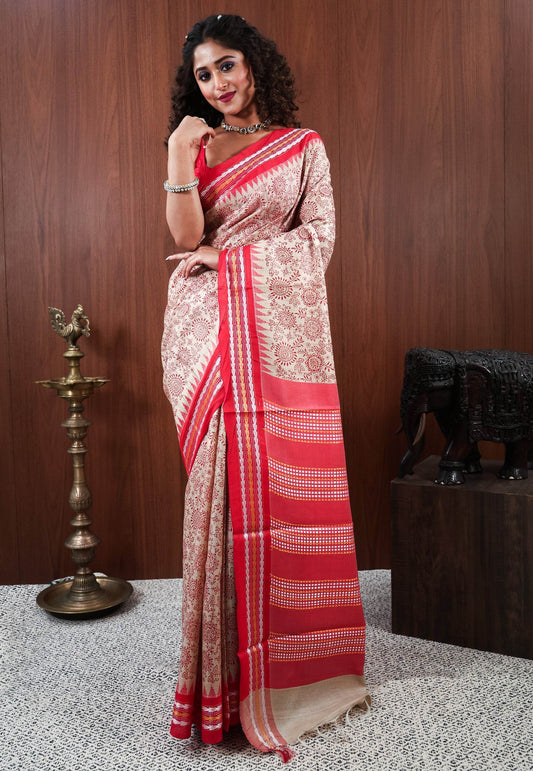 Off White Tussar Pure Silk Saree with Blouse Piece - Adi Akshoy & Co.