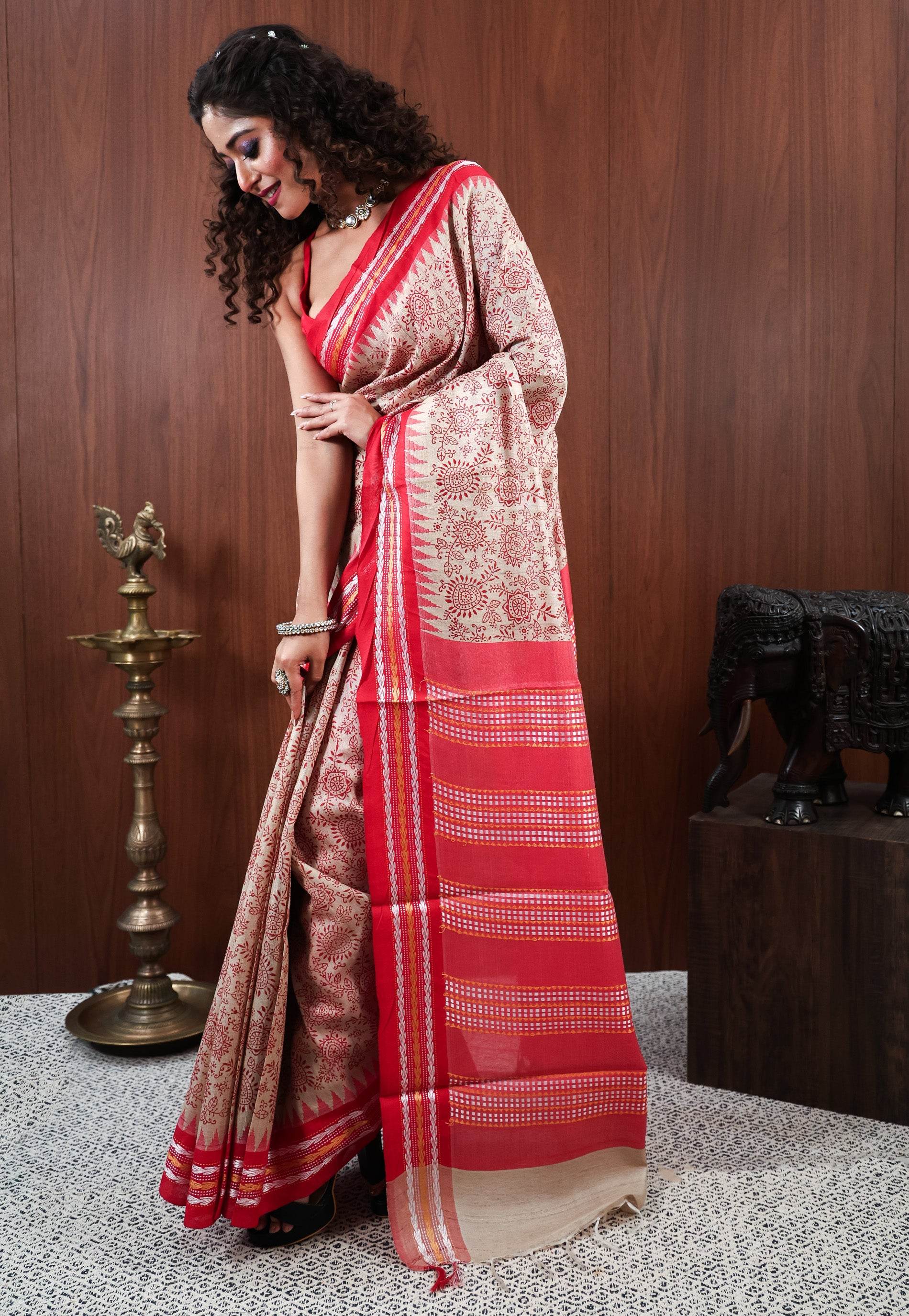 Off White Tussar Pure Silk Saree with Blouse Piece - Adi Akshoy & Co.